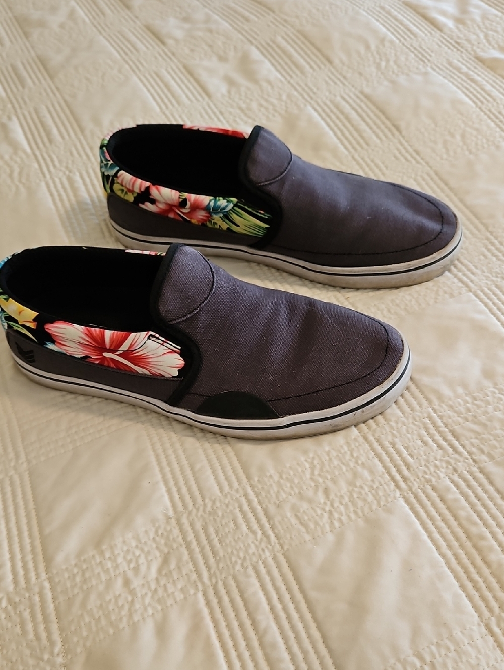 Men's Charcoal Slip-On Canvas Loafers with Floral Collar